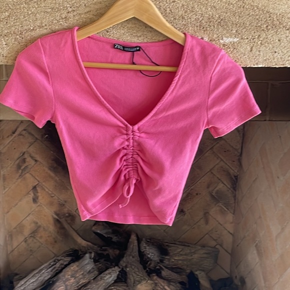 Zara Ribbed Draw-String Crop Tee Size S - Picture 7 of 9